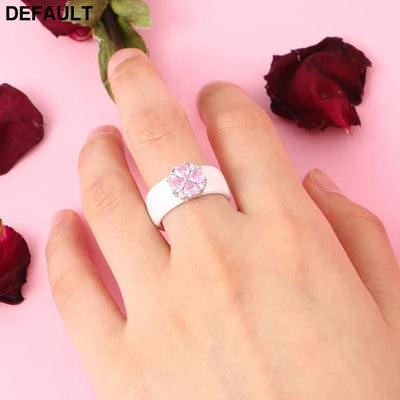 2019 New Wedding Rings Fashion Pink Flower Cubic Zirconia Engagement Ceramic Ring Jewelry For Women S925 Sterling