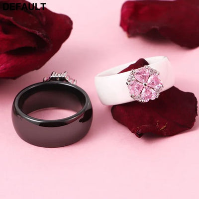 2019 New Wedding Rings Fashion Pink Flower Cubic Zirconia Engagement Ceramic Ring Jewelry For Women S925 Sterling