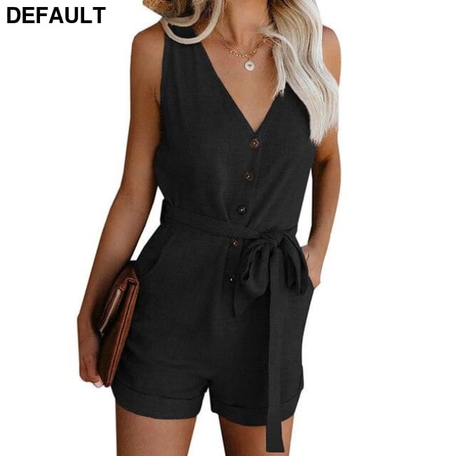 2020 New Women Casual V-neck Summer Jumpsuit Retro Button Sleeveless Lady Mid Waist Straight Belt Bow Women’s Shorts