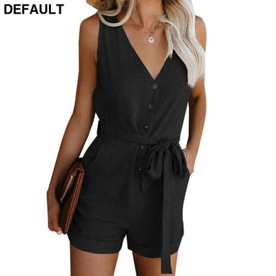 2020 New Women Casual V-neck Summer Jumpsuit Retro Button Sleeveless Lady Mid Waist Straight Belt Bow Women’s Shorts