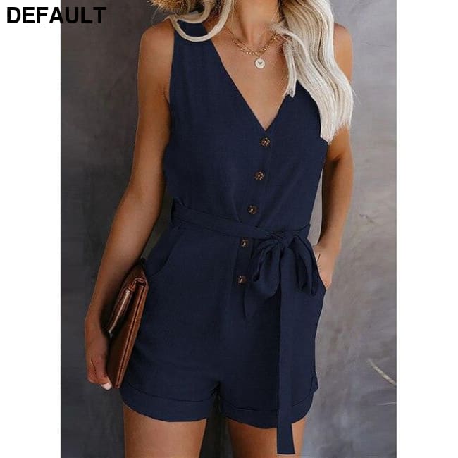 2020 New Women Casual V-neck Summer Jumpsuit Retro Button Sleeveless Lady Mid Waist Straight Belt Bow Women’s Shorts