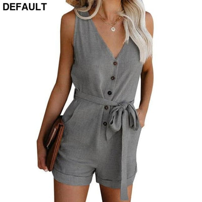 2020 New Women Casual V-neck Summer Jumpsuit Retro Button Sleeveless Lady Mid Waist Straight Belt Bow Women’s Shorts