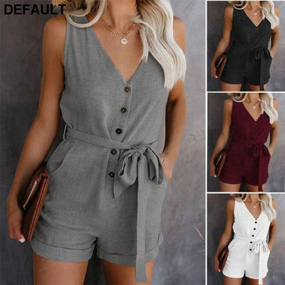 2020 New Women Casual V-neck Summer Jumpsuit Retro Button Sleeveless Lady Mid Waist Straight Belt Bow Women’s Shorts