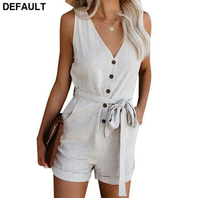 2020 New Women Casual V-neck Summer Jumpsuit Retro Button Sleeveless Lady Mid Waist Straight Belt Bow Women’s Shorts