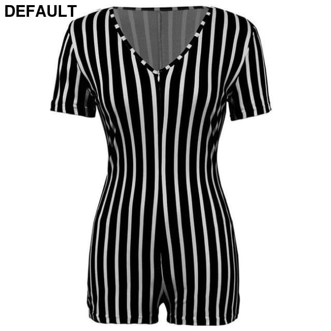 2020 Sexy Women Deep V-neck Bodycon Jumpsuit Romper Sleepwear Short Sleeve Striped Summer Bodysuit Leotard Black / XL