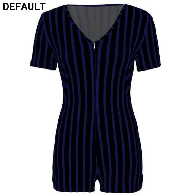 2020 Sexy Women Deep V-neck Bodycon Jumpsuit Romper Sleepwear Short Sleeve Striped Summer Bodysuit Leotard Dark blue