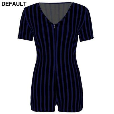 2020 Sexy Women Deep V-neck Bodycon Jumpsuit Romper Sleepwear Short Sleeve Striped Summer Bodysuit Leotard Dark blue