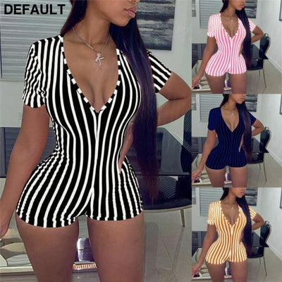 2020 Sexy Women Deep V-neck Bodycon Jumpsuit Romper Sleepwear Short Sleeve Striped Summer Bodysuit Leotard Jumpsuits &