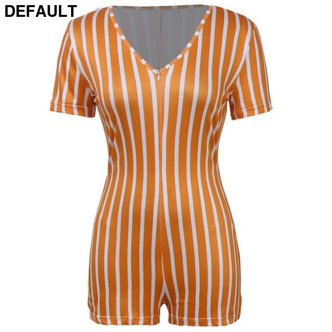 2020 Sexy Women Deep V-neck Bodycon Jumpsuit Romper Sleepwear Short Sleeve Striped Summer Bodysuit Leotard Orange / S