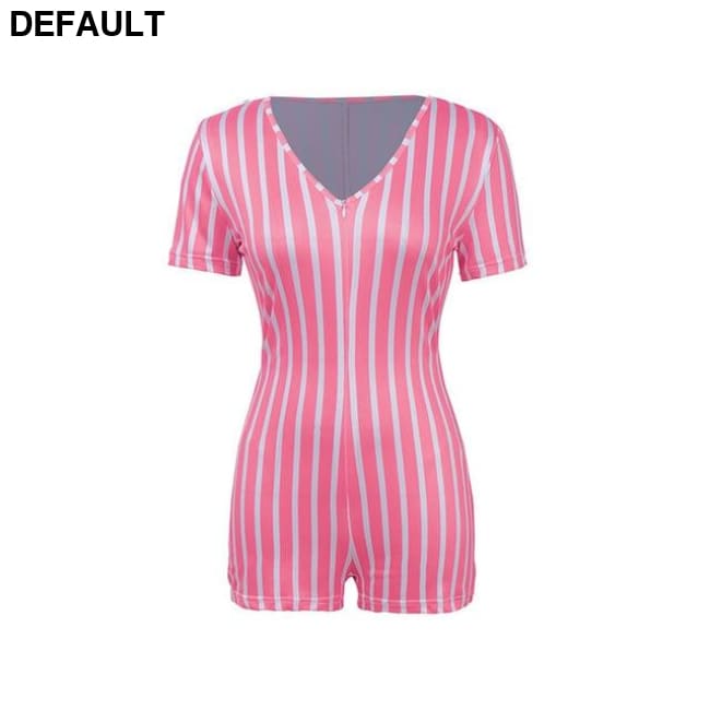 2020 Sexy Women Deep V-neck Bodycon Jumpsuit Romper Sleepwear Short Sleeve Striped Summer Bodysuit Leotard Pink / S