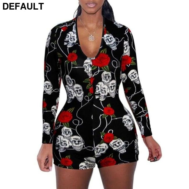2020 Sexy Women Deep V-neck Bodycon Sleepwear Jumpsuit Button Bodysuit Shorts Romper Floral Leotard Long Sleeve Print