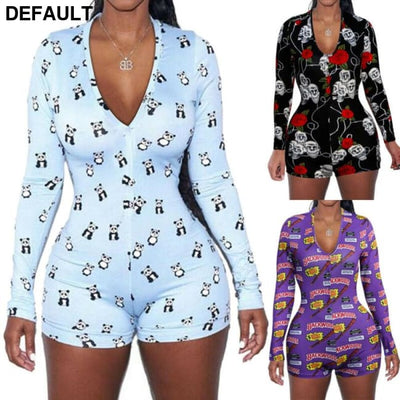 2020 Sexy Women Deep V-neck Bodycon Sleepwear Jumpsuit Button Bodysuit Shorts Romper Floral Leotard Long Sleeve Print