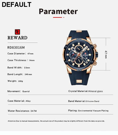 2023 New REWARD Mens Watches Blue Waterproof Top Luxury Brand Chronograph Sport Watch Quartz For Men Wristwatch
