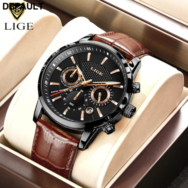 2025 New Mens Watches LIGE Top Brand Luxury Leather Casual Black gold / CHINA Men Sport