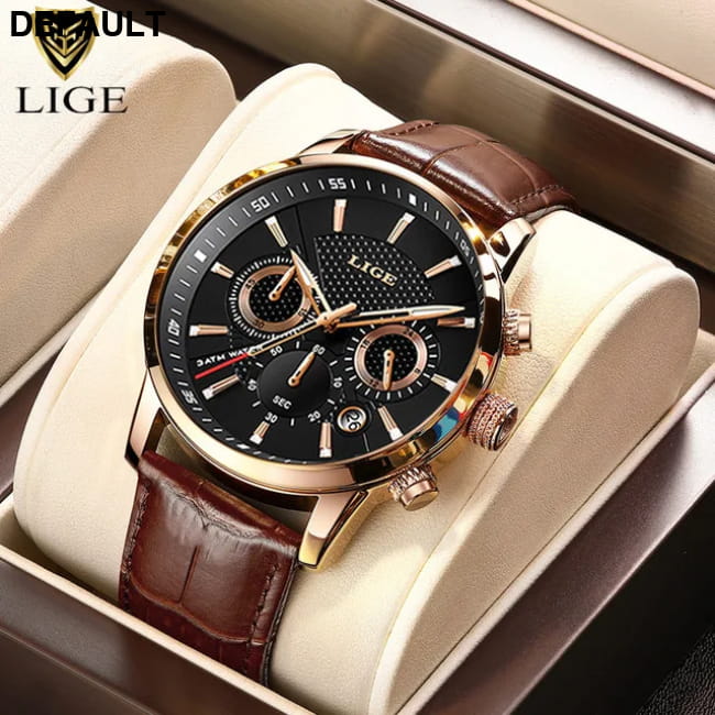 2025 New Mens Watches LIGE Top Brand Luxury Leather Casual Black rose gold / CHINA Men Sport