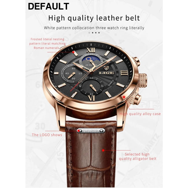 2025 New Mens Watches LIGE Top Brand Luxury Leather Casual Men Sport