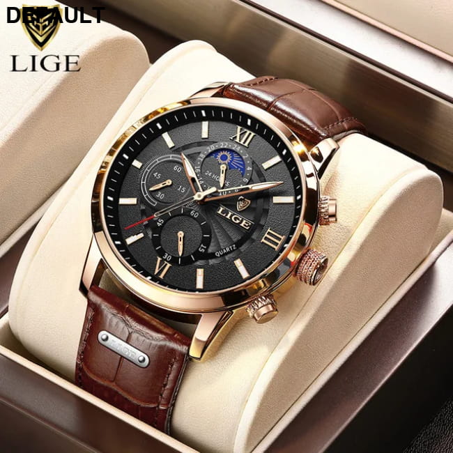 2025 New Mens Watches LIGE Top Brand Luxury Leather Casual Rose gold bLack / CHINA Men Sport