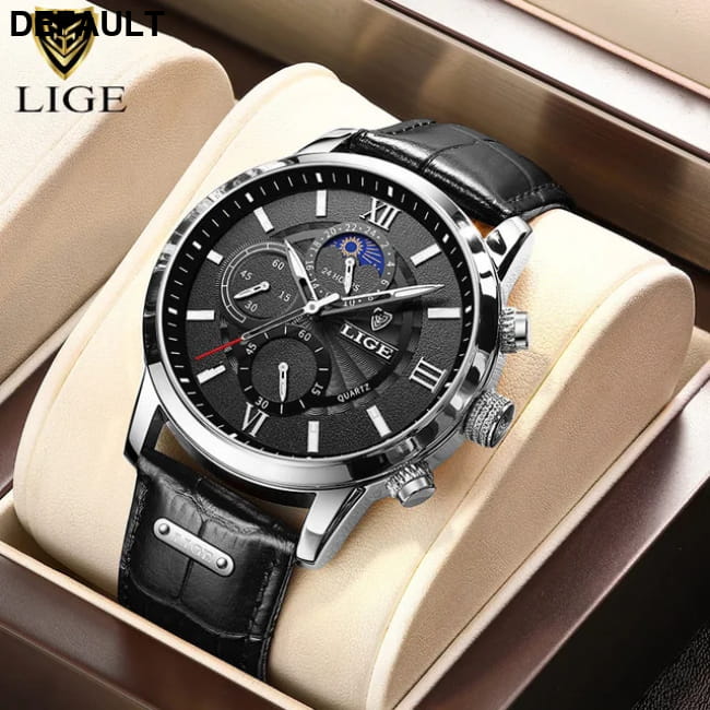 2025 New Mens Watches LIGE Top Brand Luxury Leather Casual Silver black 1 / CHINA Men Sport