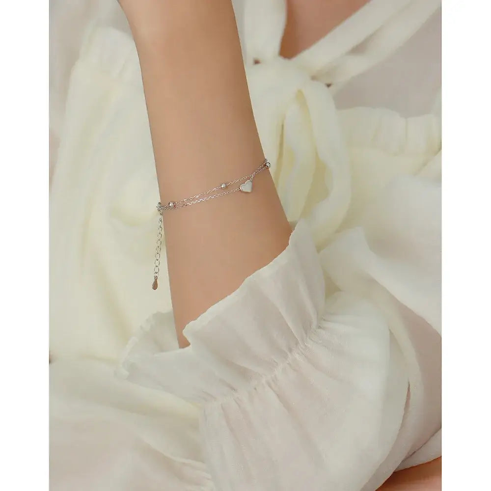 925 Sterling Silver Double Layer Heart-shaped Bracelet for Women Girl Korean Style Small Fresh Summer