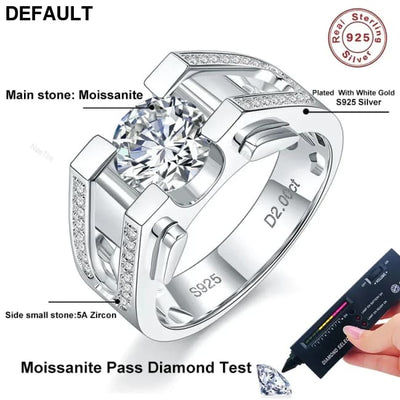 2ct Moissanite Diamond Men’s Rings 925 Sterling Silver White Gold 18K Brilliant Engagement Wedding Jewelry for Men