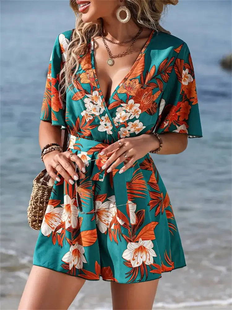 Beach Vacation Ruffle Sleeve Short Culottes Printed Jumpsuit
