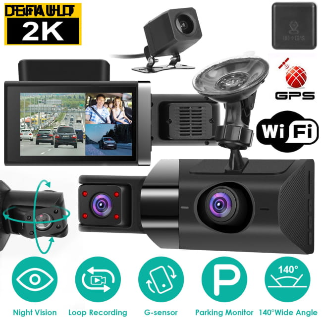 2K Car DVR 3 Channel Dash Cam Camcorder Camera Recorder Black Cameras Electronics