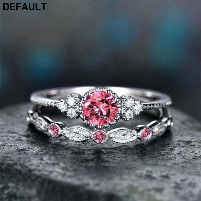 2Pcs/Set 2018 Luxury Green Blue Stone Crystal Rings 5 / Pink Sterling Silver