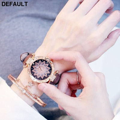 2pcs Women Watches Set Starry Sky Ladies Bracelet Watch Casual Leather Sports Quartz Watches(No Box) Brown