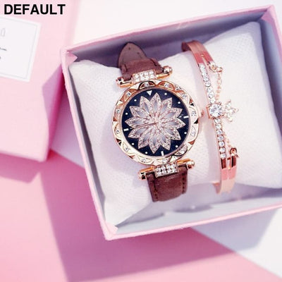 2pcs Women Watches Set Starry Sky Ladies Bracelet Watch Casual Leather Sports Quartz Watches(No Box)