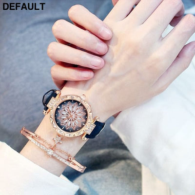 2pcs Women Watches Set Starry Sky Ladies Bracelet Watch Casual Leather Sports Quartz Watches(No Box)