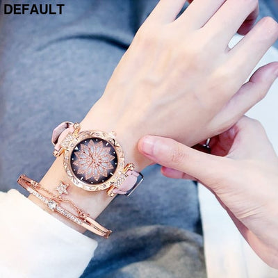 2pcs Women Watches Set Starry Sky Ladies Bracelet Watch Casual Leather Sports Quartz Watches(No Box)