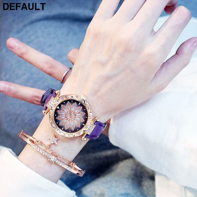 2pcs Women Watches Set Starry Sky Ladies Bracelet Watch Casual Leather Sports Quartz Watches(No Box) Purple