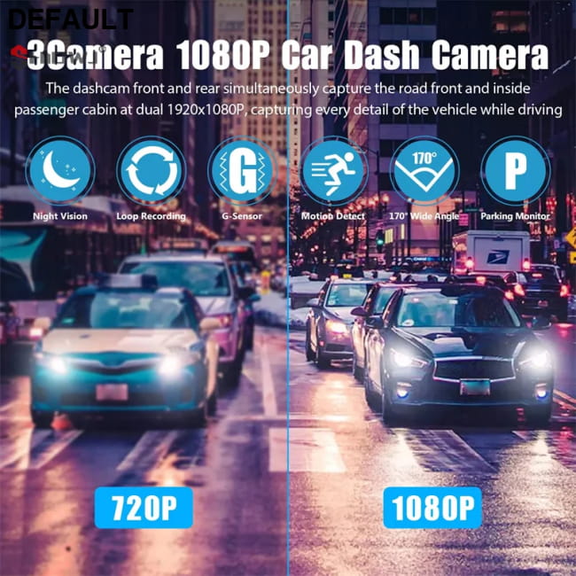 3 Channel Car DVR HD 1080P 3-Lens Inside Vehicle Dash 1pc Cameras Video