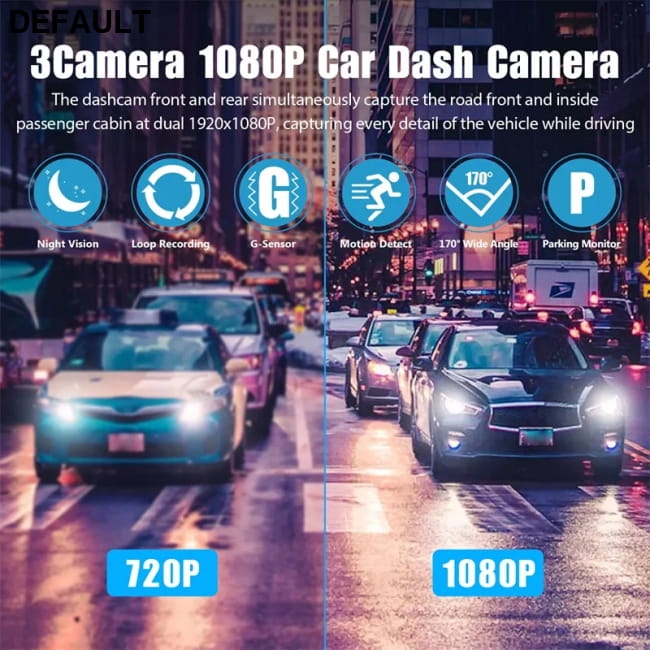 3 Channel Car DVR HD 1080P 3-Lens Inside Vehicle Dash 1pc Cameras Video