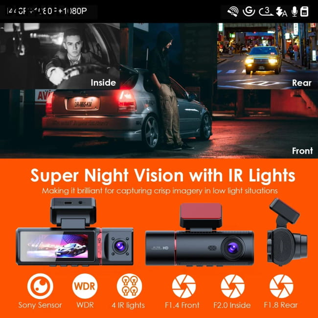 3 Channel Car DVR UHD 4K 3-Lens Inside Vehicle Dash Cam Audio Receiver Video Cameras