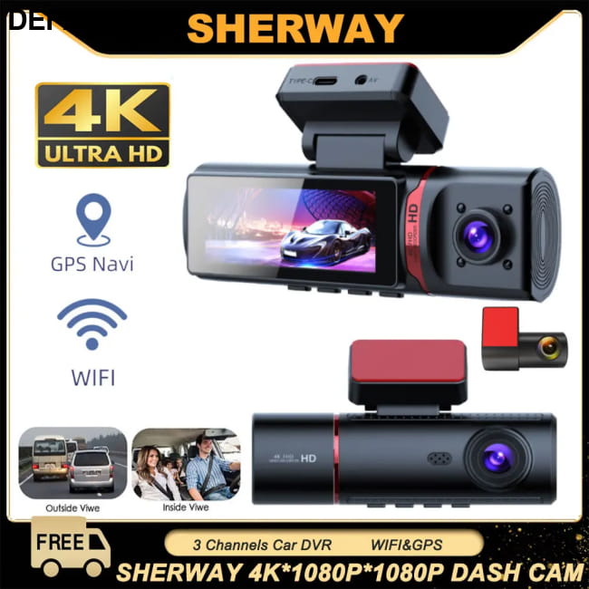 3 Channel Car DVR UHD 4K 3-Lens Inside Vehicle Dash Cam Audio Receiver Video Cameras