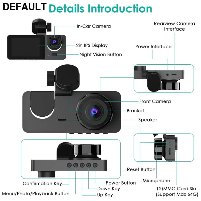 3 Channel Dash Cam Front Inside Rear Vehicle Driving Black / US Car DVR Cameras Video