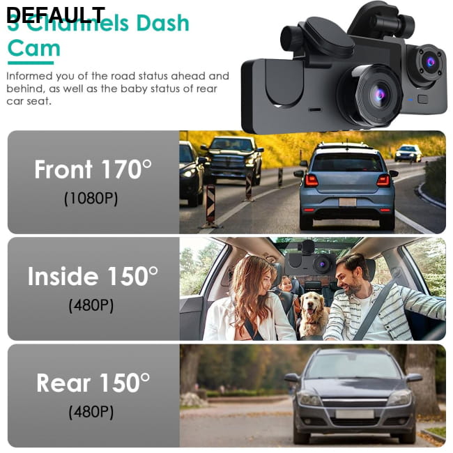 3 Channel Dash Cam Front Inside Rear Vehicle Driving Black / US Car DVR Cameras Video
