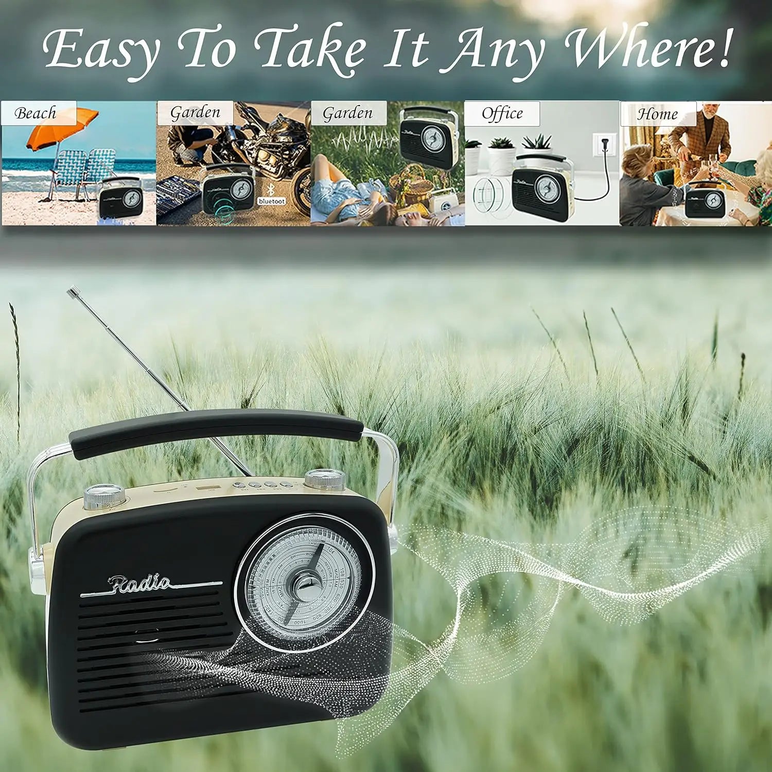Black AM FM Radio - Small Portable Radios Vintage Retro With Headphone Jack Large Analog Rotary Tuning Dial