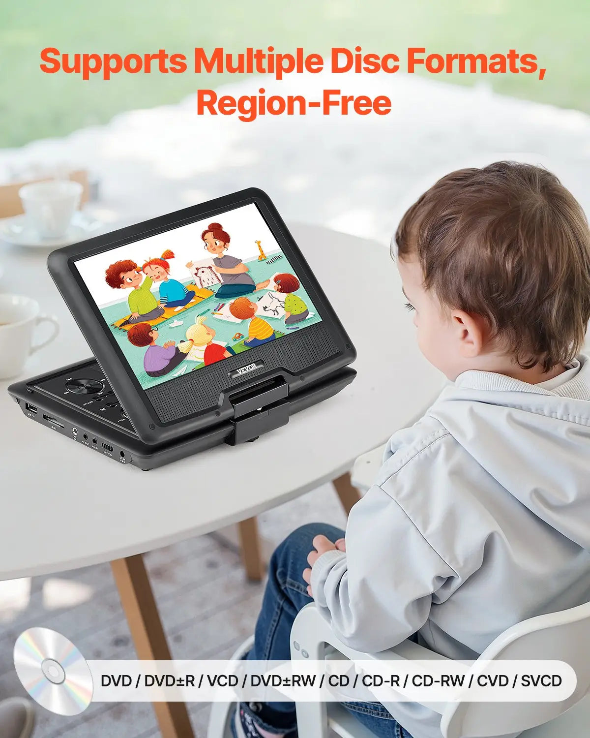 Tragbarer DVD-Player Mit Drehbarem HD-Bildschirm (256 Mm) Eingebauter Akku 4 Std. Laufzeit 2 Lautsprecher Unterstützt