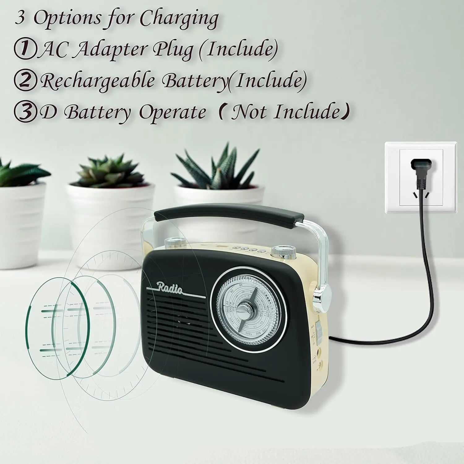 Black AM FM Radio - Small Portable Radios Vintage Retro With Headphone Jack Large Analog Rotary Tuning Dial