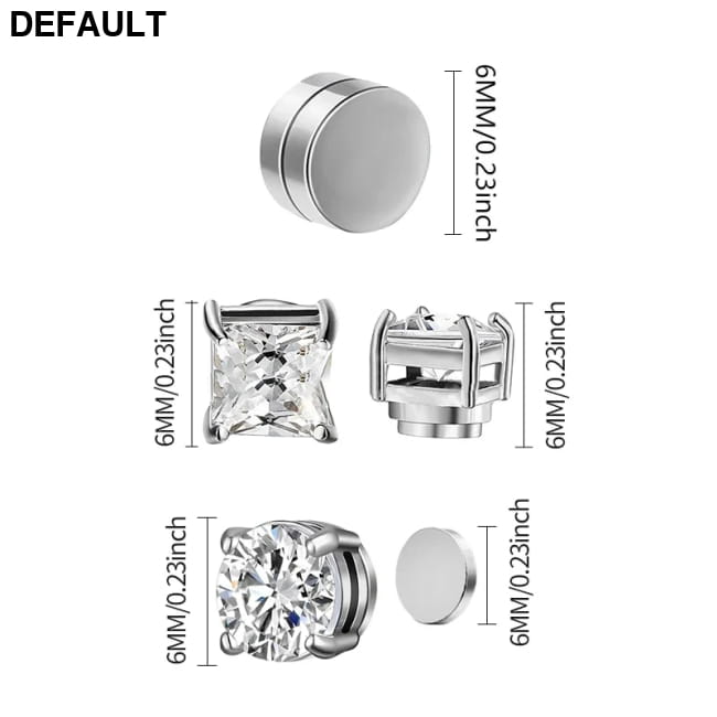 3pairs 6mm Crystal Stainless Steel Stud Earrings Men Punk Zircon Magnetic