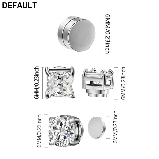 3pairs 6mm Crystal Stainless Steel Stud Earrings Men Punk Zircon Magnetic