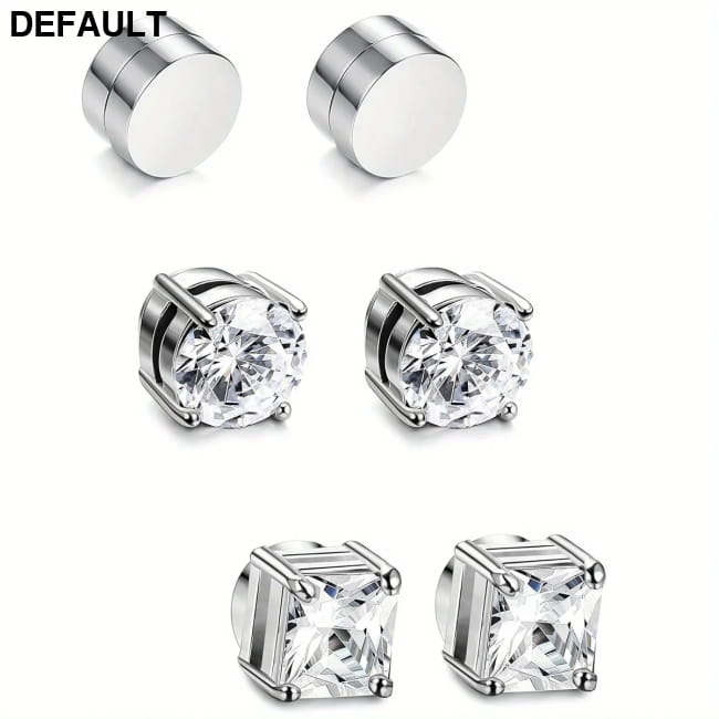 3pairs 6mm Crystal Stainless Steel Stud Earrings Men Punk Zircon Magnetic