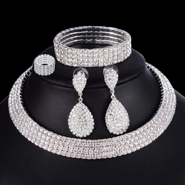 4 PCS Luxury Wedding Bridal Jewelry Sets for Brides Women Necklace Bracelet Ring Earring Set 1 row Sterling Silver