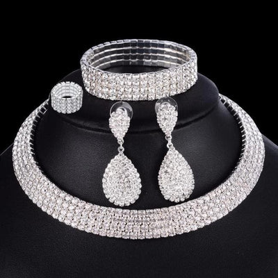 4 PCS Luxury Wedding Bridal Jewelry Sets for Brides Women Necklace Bracelet Ring Earring Set 1 row Sterling Silver