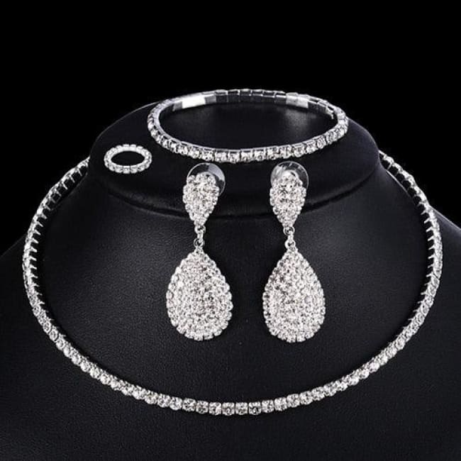 4 PCS Luxury Wedding Bridal Jewelry Sets for Brides Women Necklace Bracelet Ring Earring Set Sterling Silver Necklaces