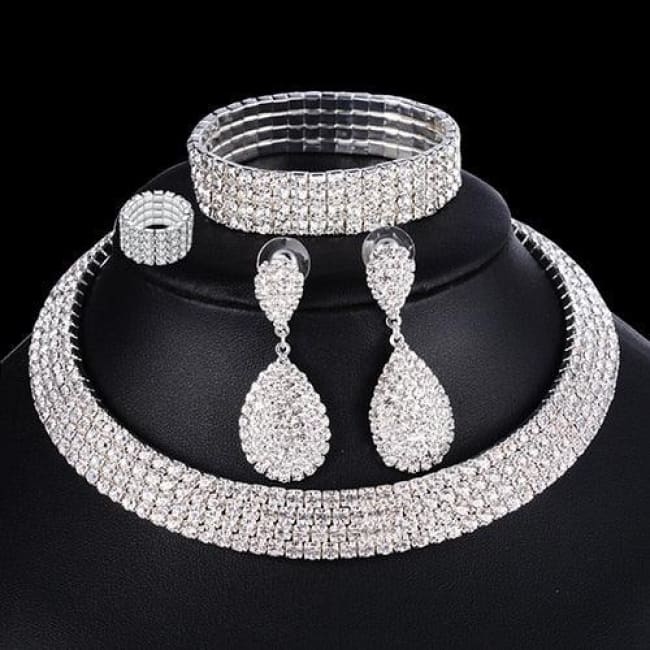 4 PCS Luxury Wedding Bridal Jewelry Sets for Brides Women Necklace Bracelet Ring Earring Set Sterling Silver Necklaces