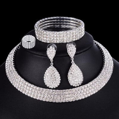 4 PCS Luxury Wedding Bridal Jewelry Sets for Brides Women Necklace Bracelet Ring Earring Set Sterling Silver Necklaces