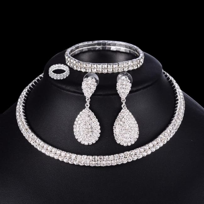 4 PCS Luxury Wedding Bridal Jewelry Sets for Brides Women Necklace Bracelet Ring Earring Set Sterling Silver Necklaces